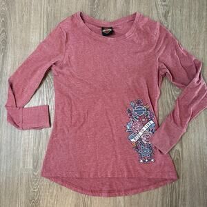 Harley-Davidson Women’s Long Sleeve Shirt Sz S Pink Retro Tattoo OK back Print